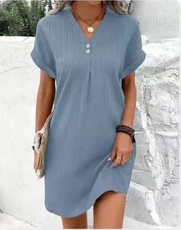 image-Fashion V-neck Short-sleeved Dress Casual Solid Strip Button Dresses Womens Clothing