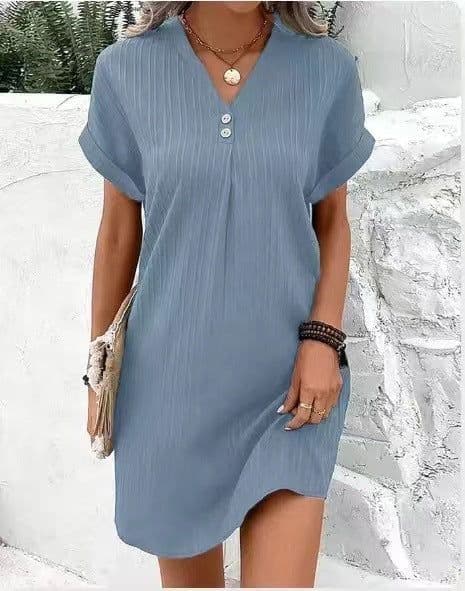 image-Fashion V-neck Short-sleeved Dress Casual Solid Strip Button Dresses Womens Clothing