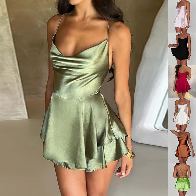image-Sexy Suspender Skirt For Women Elegant Slim Strap Satin Backless Lace Up A-Line Short Dress Lady