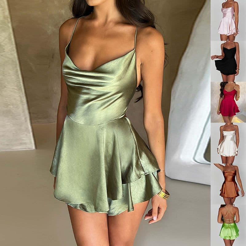 image-Sexy Suspender Skirt For Women Elegant Slim Strap Satin Backless Lace Up A-Line Short Dress Lady