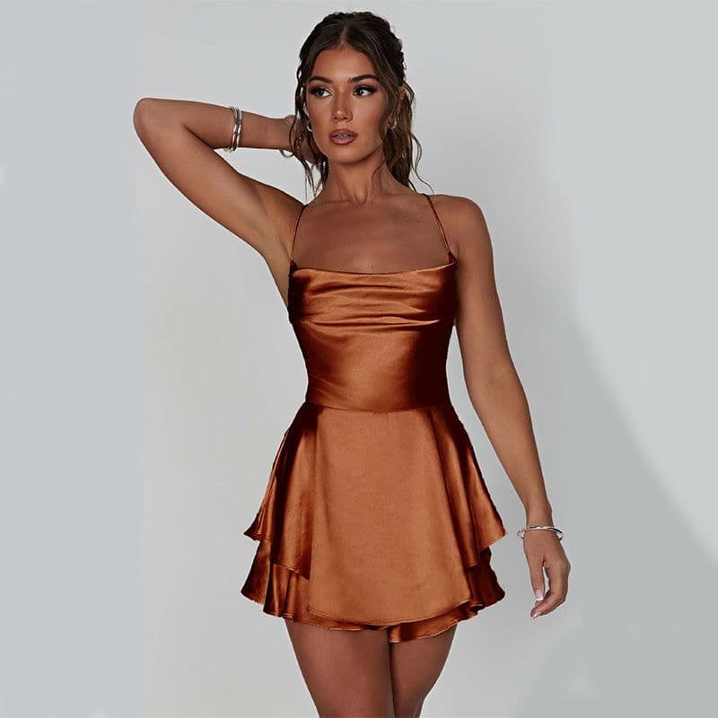 image-Sexy Suspender Skirt For Women Elegant Slim Strap Satin Backless Lace Up A-Line Short Dress Lady