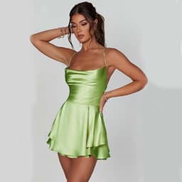 image-Sexy Suspender Skirt For Women Elegant Slim Strap Satin Backless Lace Up A-Line Short Dress Lady