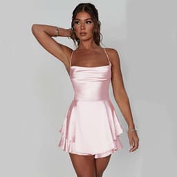 image-Sexy Suspender Skirt For Women Elegant Slim Strap Satin Backless Lace Up A-Line Short Dress Lady