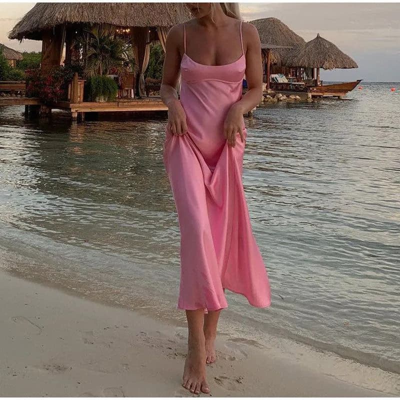 image-Women Camis Satin Long Dresses Elegant Sleeveless Slip Holiday Party Dresses Sexy Casual Backless Summer Dresses