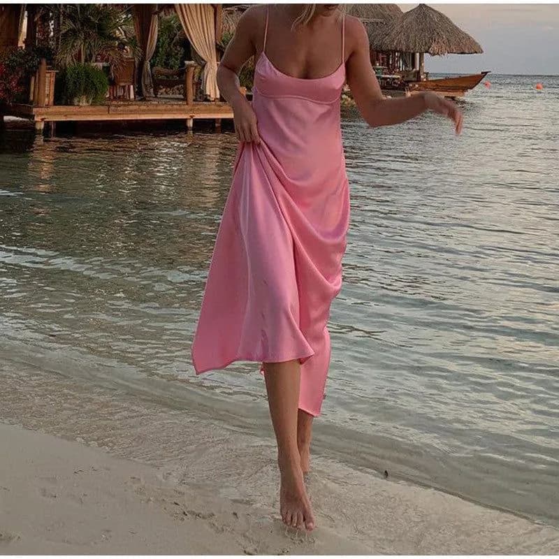 image-Women Camis Satin Long Dresses Elegant Sleeveless Slip Holiday Party Dresses Sexy Casual Backless Summer Dresses