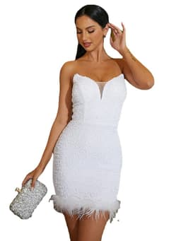image-Tube Top Feather Slit Mid-length Polyester Evening Dress