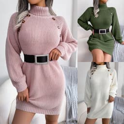 image-Winter Turtleneck Long Sweater Dress With Button Design Leisure Clinch Long Sleeve Base Sweater Women