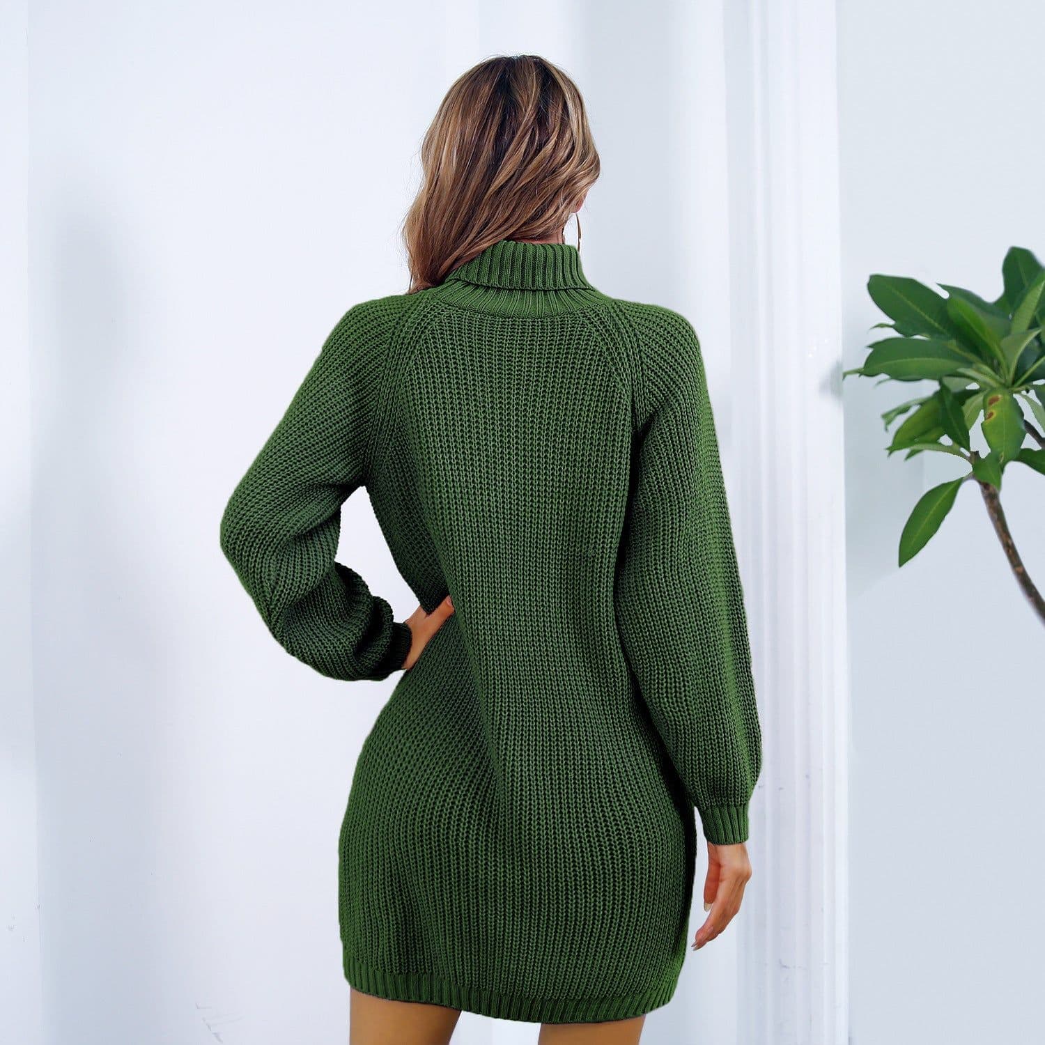 image-Winter Turtleneck Long Sweater Dress With Button Design Leisure Clinch Long Sleeve Base Sweater Women