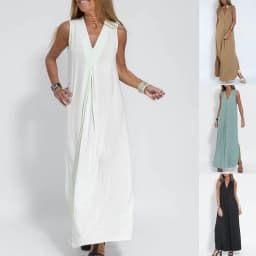 image-New Solid Color V-neck Sleeveless Dress Long Cardigan Jacket Suit For Women