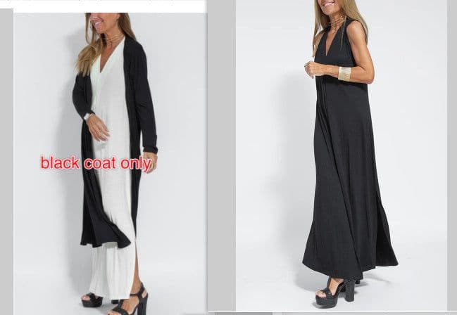 image-New Solid Color V-neck Sleeveless Dress Long Cardigan Jacket Suit For Women