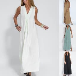 image-New Solid Color V-neck Sleeveless Dress Long Cardigan Jacket Suit For Women