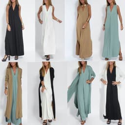 image-New Solid Color V-neck Sleeveless Dress Long Cardigan Jacket Suit For Women