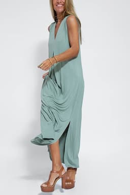 image-New Solid Color V-neck Sleeveless Dress Long Cardigan Jacket Suit For Women