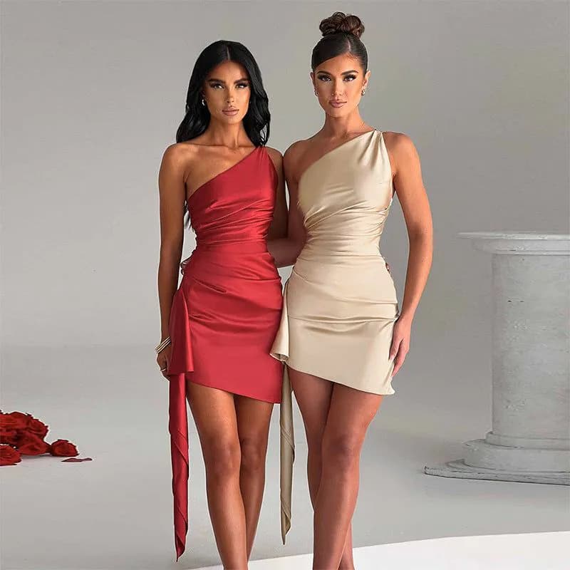 image-One-shoulder Sleeveless Mini Dress Sexy Slim Backless Skirt Party Wedding Dresses Womens Clothing