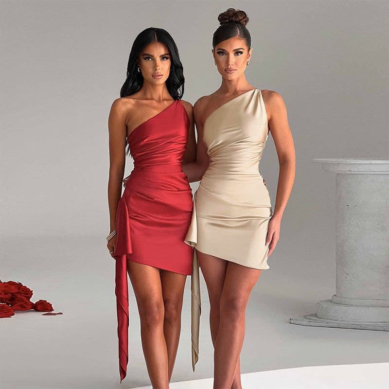 image-One-shoulder Sleeveless Mini Dress Sexy Slim Backless Skirt Party Wedding Dresses Womens Clothing