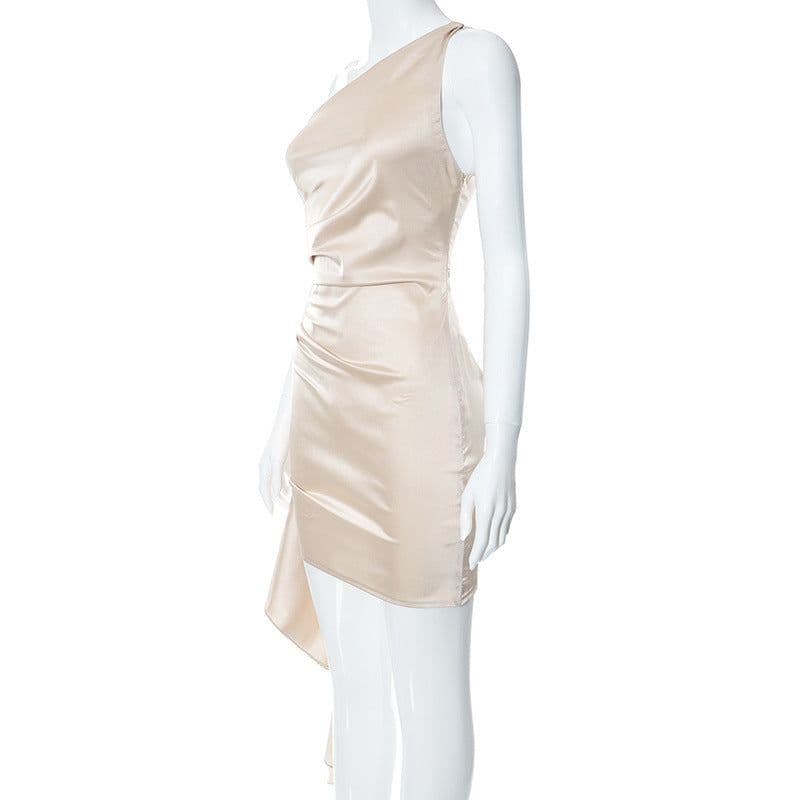 image-One-shoulder Sleeveless Mini Dress Sexy Slim Backless Skirt Party Wedding Dresses Womens Clothing