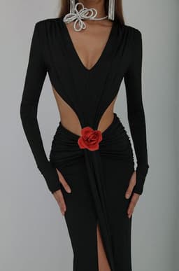 image-Sexy V-neck Backless Long Sleeves Skirt Waist Decorative Flower Split Fishtail Gown Dress Long
