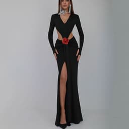 image-Sexy V-neck Backless Long Sleeves Skirt Waist Decorative Flower Split Fishtail Gown Dress Long