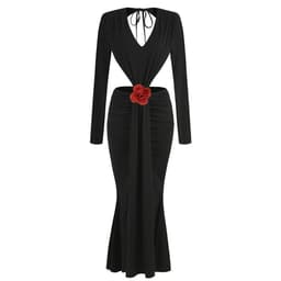 image-Sexy V-neck Backless Long Sleeves Skirt Waist Decorative Flower Split Fishtail Gown Dress Long