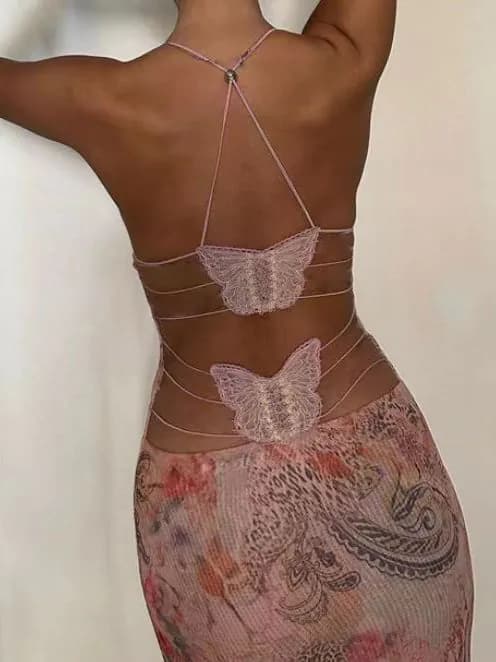 image-Floral Print Halter Spaghetti Straps Dress Sexy Slim Butterfly Back Dressess Spring Summer Womens Clothing