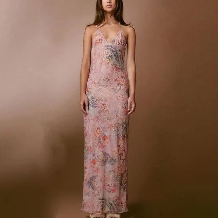 image-Floral Print Halter Spaghetti Straps Dress Sexy Slim Butterfly Back Dressess Spring Summer Womens Clothing