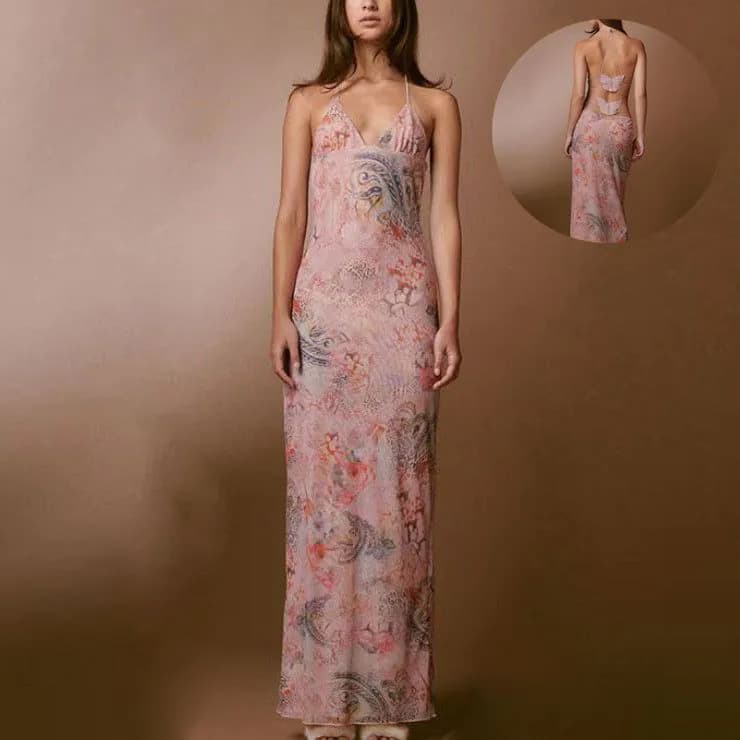 image-Floral Print Halter Spaghetti Straps Dress Sexy Slim Butterfly Back Dressess Spring Summer Womens Clothing