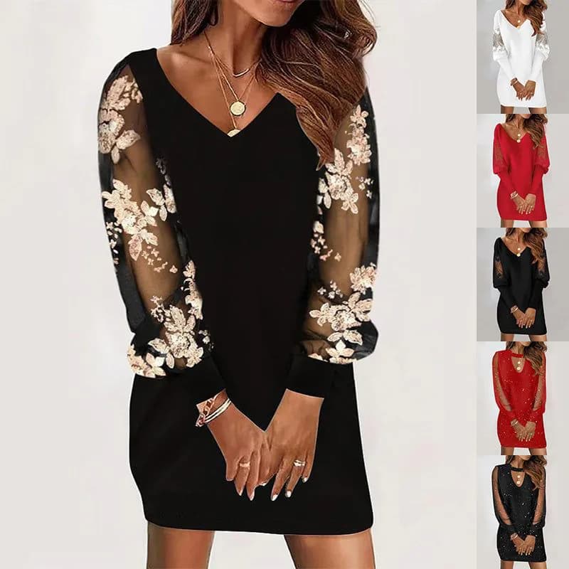 image-Long-sleeved V-neck Dress Spring And Autumn New Style Lace Splicing Dress For Womens Clothing