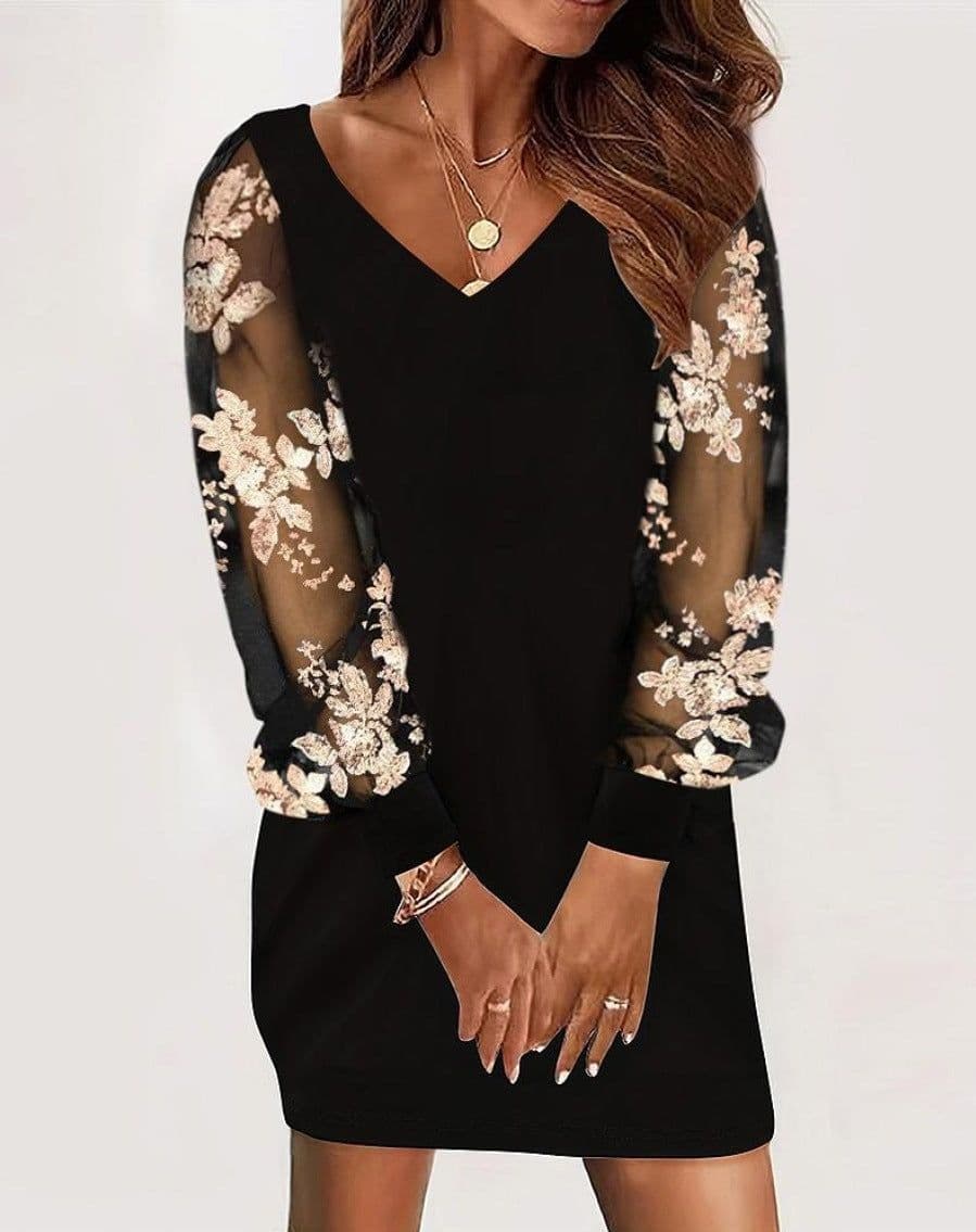 image-Long-sleeved V-neck Dress Spring And Autumn New Style Lace Splicing Dress For Womens Clothing