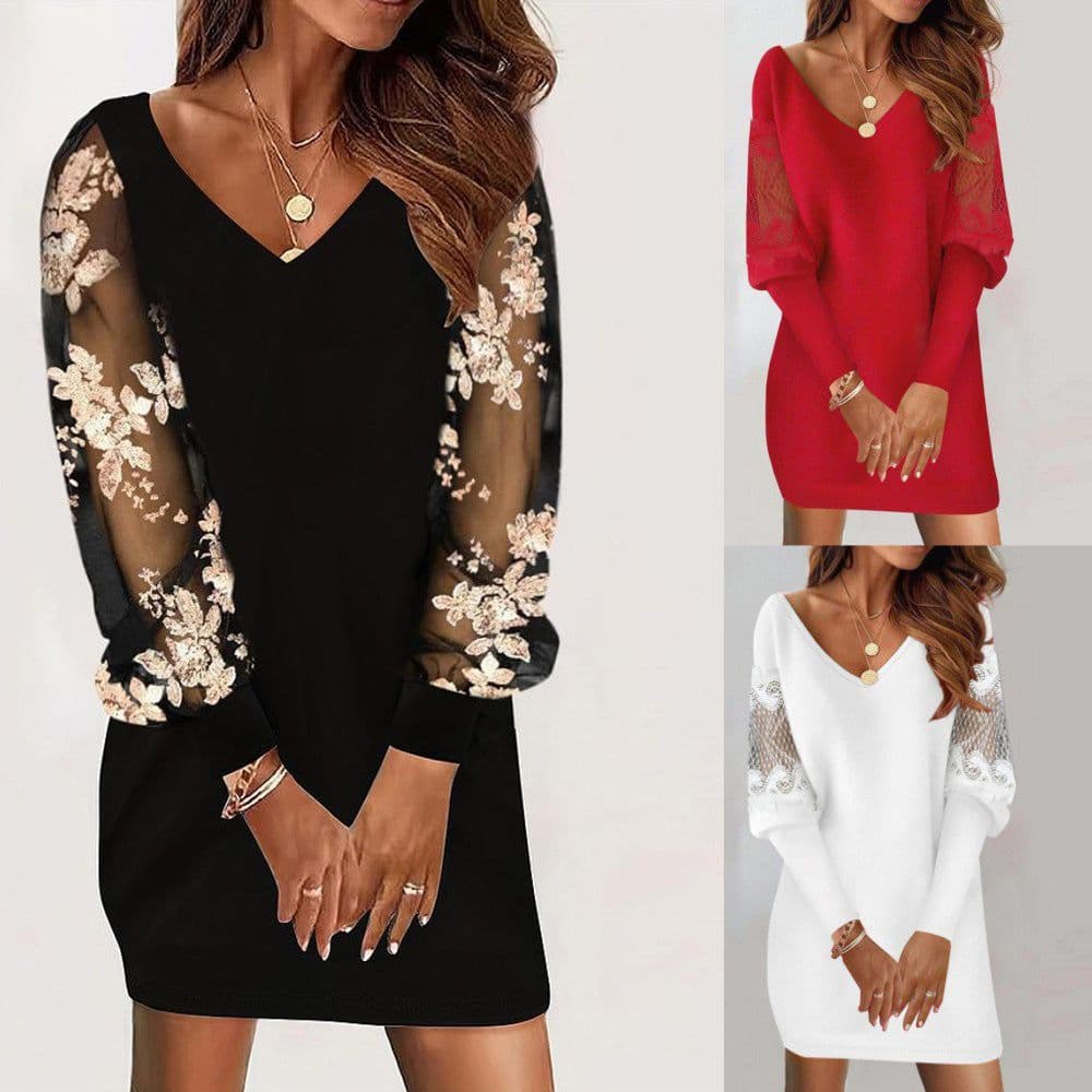 image-Long-sleeved V-neck Dress Spring And Autumn New Style Lace Splicing Dress For Womens Clothing