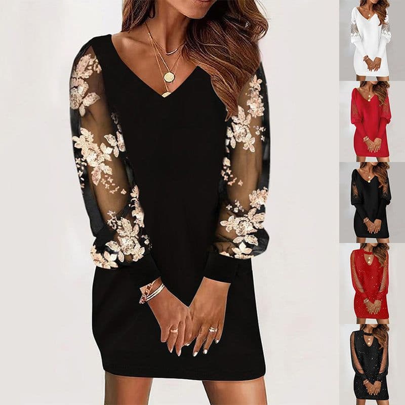 image-Long-sleeved V-neck Dress Spring And Autumn New Style Lace Splicing Dress For Womens Clothing