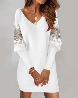 image-Long-sleeved V-neck Dress Spring And Autumn New Style Lace Splicing Dress For Womens Clothing