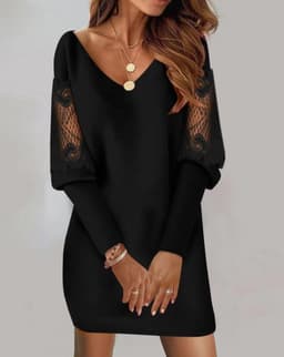 image-Long-sleeved V-neck Dress Spring And Autumn New Style Lace Splicing Dress For Womens Clothing