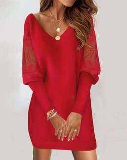 image-Long-sleeved V-neck Dress Spring And Autumn New Style Lace Splicing Dress For Womens Clothing