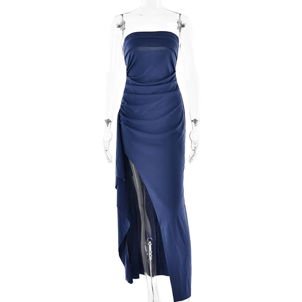 image-Strapless Split Long Dress Summer Fashion Pleated Bridesmaid Dress For Womens Party Wedding Clothing