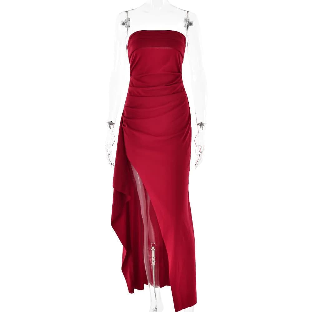 image-Strapless Split Long Dress Summer Fashion Pleated Bridesmaid Dress For Womens Party Wedding Clothing