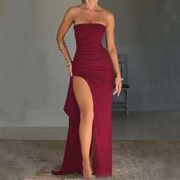 image-Strapless Split Long Dress Summer Fashion Pleated Bridesmaid Dress For Womens Party Wedding Clothing