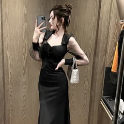 image-French Style Square Collar Long Dress For Women Hepburn Style Elegant Socialite Mesh Puff Sleeve Fishtail Dress