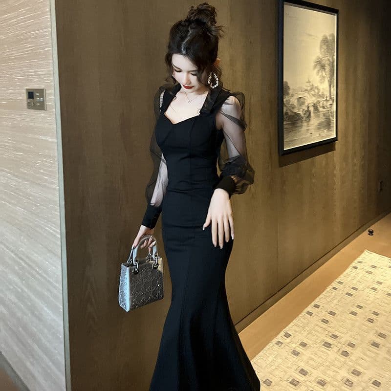 image-French Style Square Collar Long Dress For Women Hepburn Style Elegant Socialite Mesh Puff Sleeve Fishtail Dress