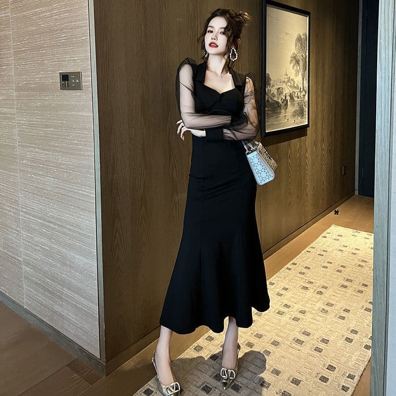image-French Style Square Collar Long Dress For Women Hepburn Style Elegant Socialite Mesh Puff Sleeve Fishtail Dress