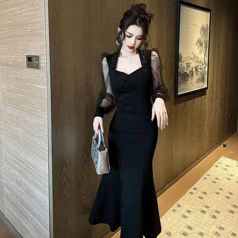 image-French Style Square Collar Long Dress For Women Hepburn Style Elegant Socialite Mesh Puff Sleeve Fishtail Dress