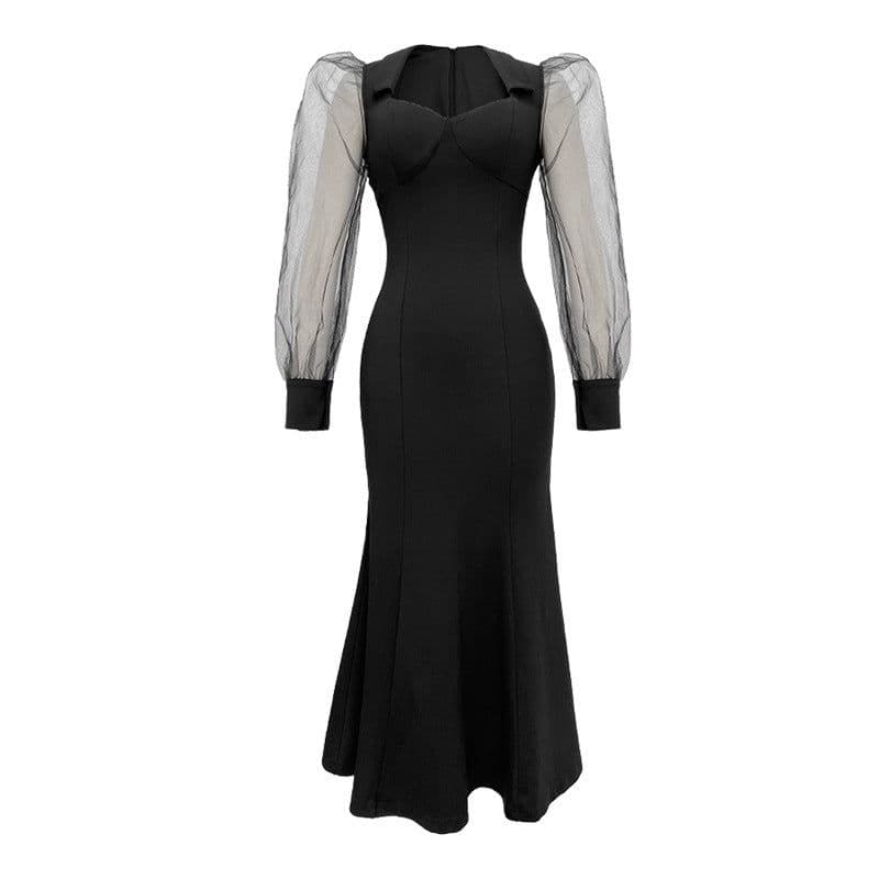 image-French Style Square Collar Long Dress For Women Hepburn Style Elegant Socialite Mesh Puff Sleeve Fishtail Dress