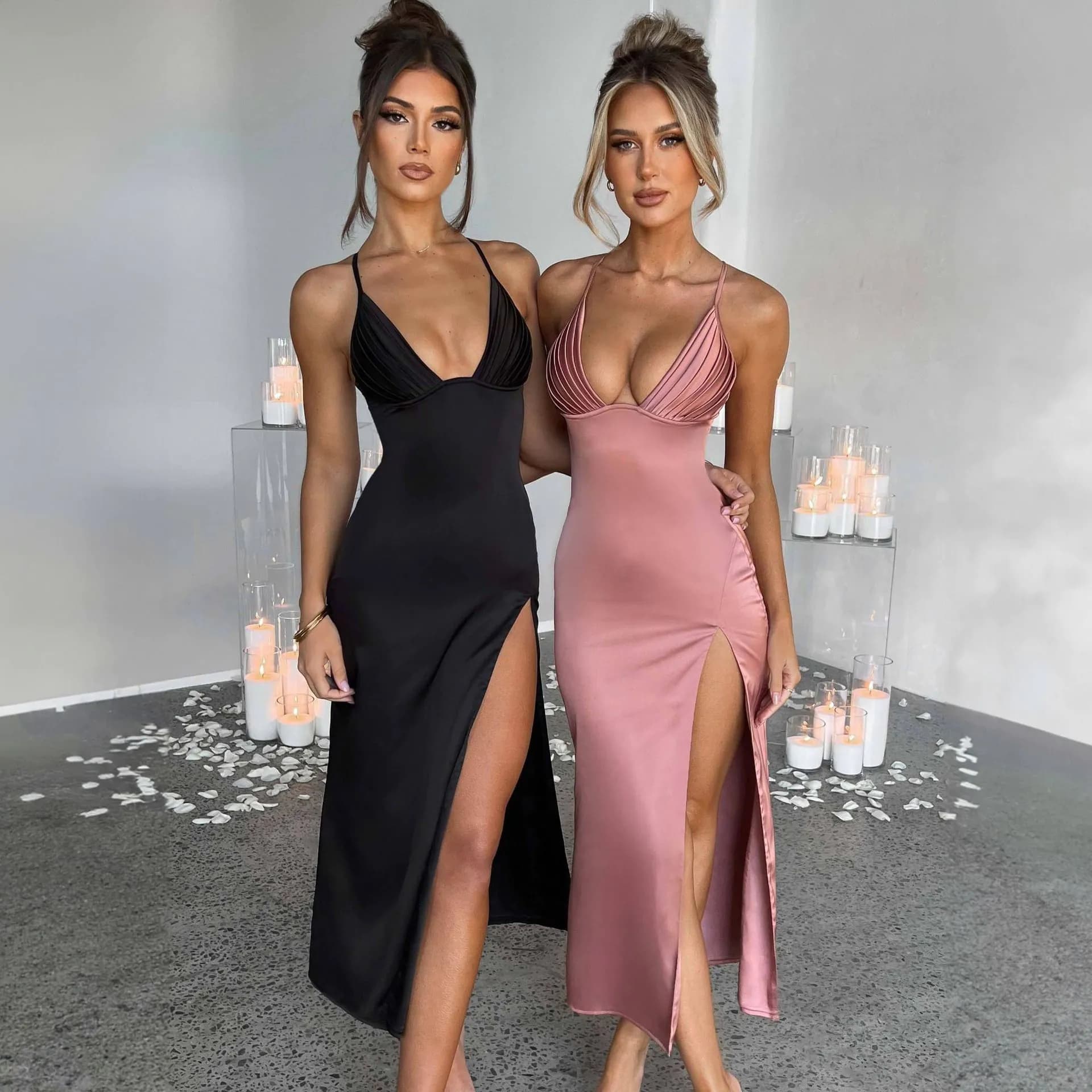 image-Spaghetti Strap Dress With Split Design Deep V-neck Sleeveless Backless Bodycon Party Dresses For Womens Clothing