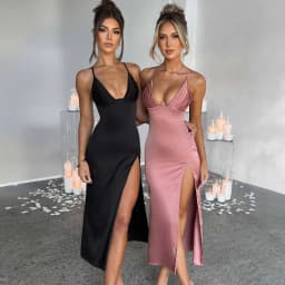 image-Spaghetti Strap Dress With Split Design Deep V-neck Sleeveless Backless Bodycon Party Dresses For Womens Clothing