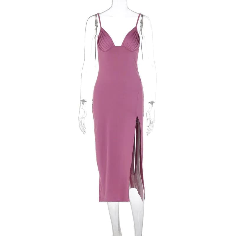 image-Spaghetti Strap Dress With Split Design Deep V-neck Sleeveless Backless Bodycon Party Dresses For Womens Clothing