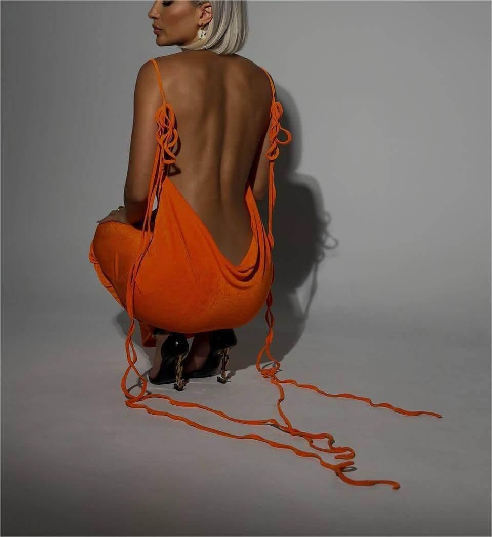 image-Sexy Slim Backless Dress Summer Camisole Gown Lace-up Long Dress