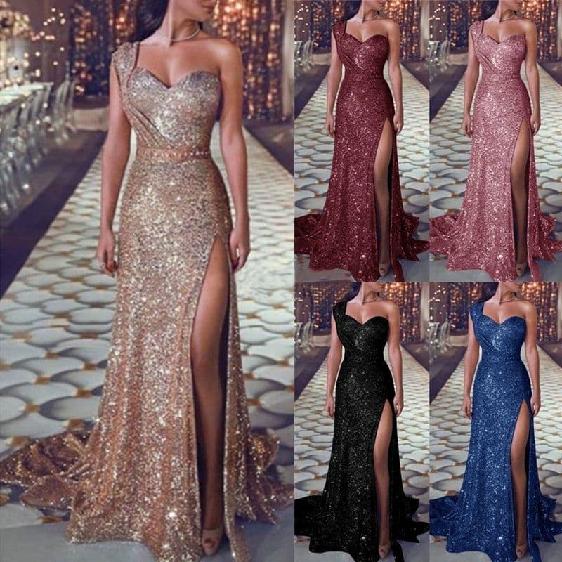 image-Women's Clothing One-shoulder Sleeveless Bronzing Split Dress