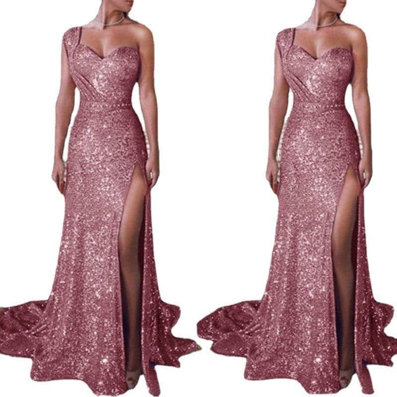 image-Women's Clothing One-shoulder Sleeveless Bronzing Split Dress