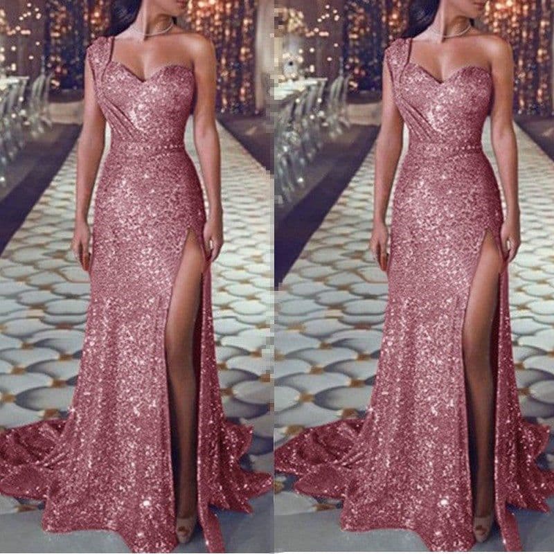image-Women's Clothing One-shoulder Sleeveless Bronzing Split Dress