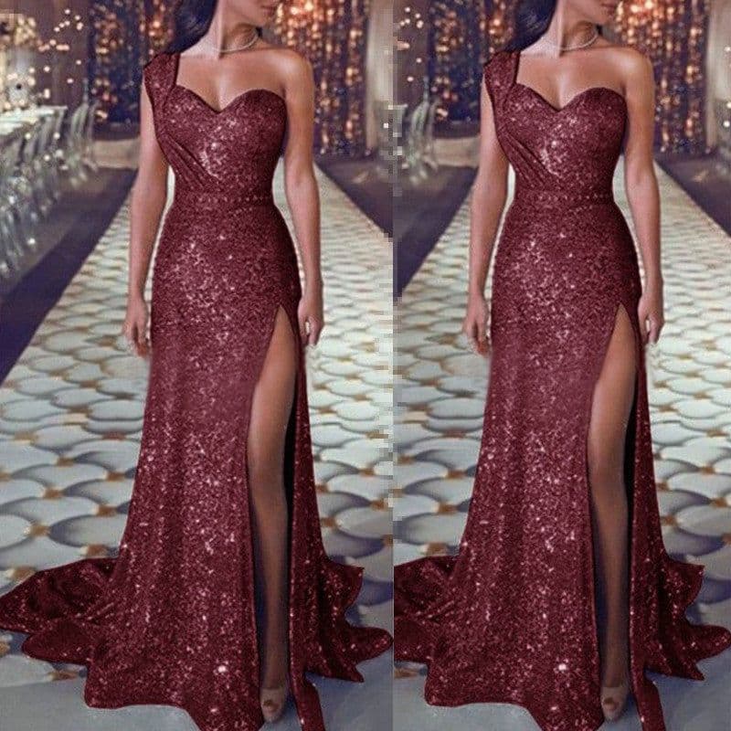 image-Women's Clothing One-shoulder Sleeveless Bronzing Split Dress