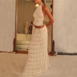 image-2pcs Women's Dress Suit Sexy Sleeveless Backless Cropped Halter Top And Pleated Long Dress